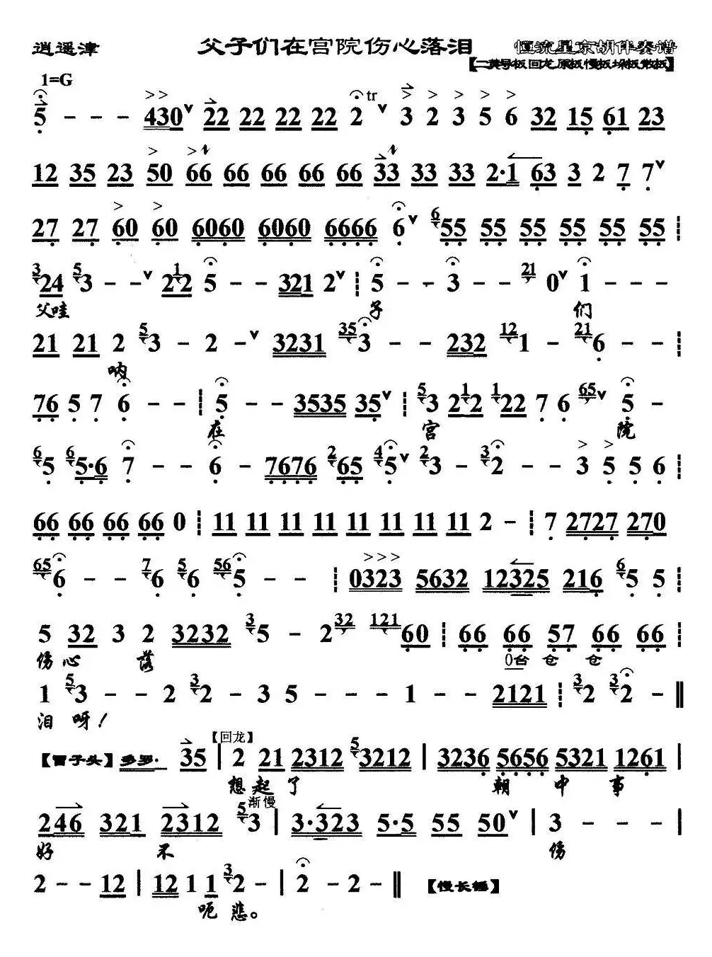 父子们在宫院伤心落泪（《逍遥津》选段、京胡伴奏谱）
