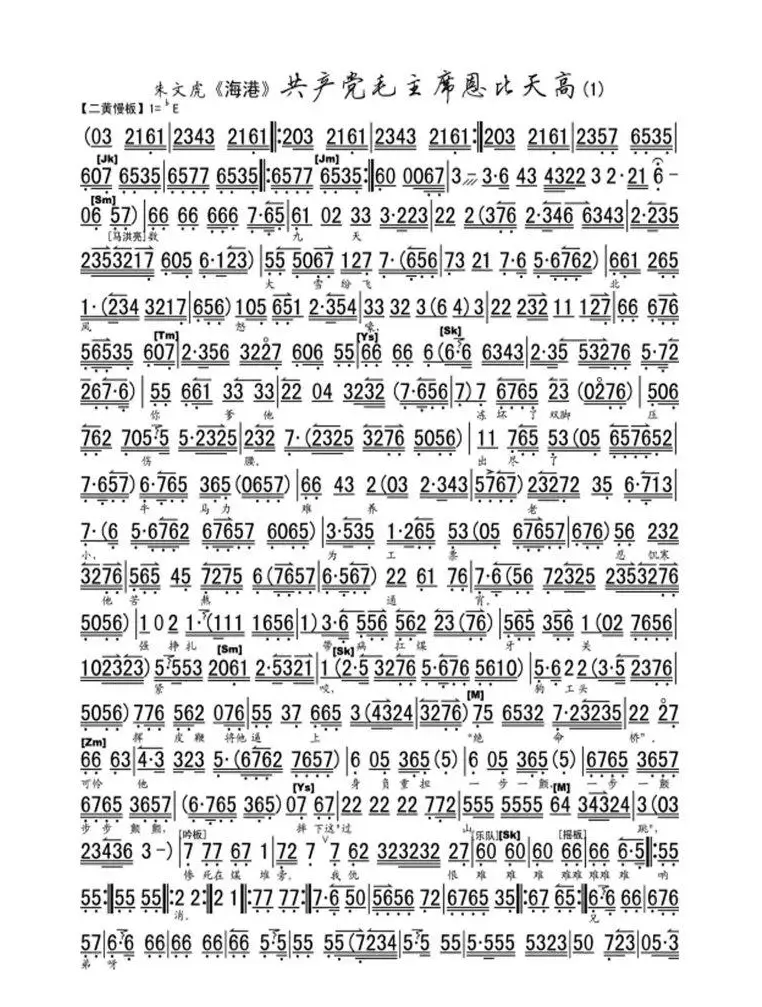 共产党毛主席恩比天高（《海港》马洪亮唱段、京胡伴奏谱）