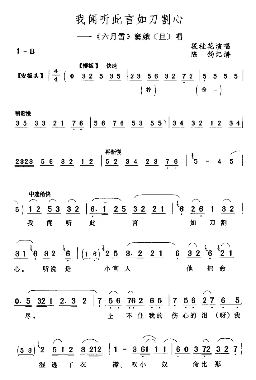 我闻听此言如刀割心（《六月雪》窦娥[旦]唱段）